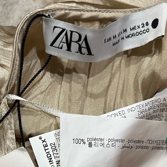 NWT Zara Champagne Asymmetrical Cap Sleeve V Neck Crinkle Blouse Top Pullover M - Picture 6 of 8